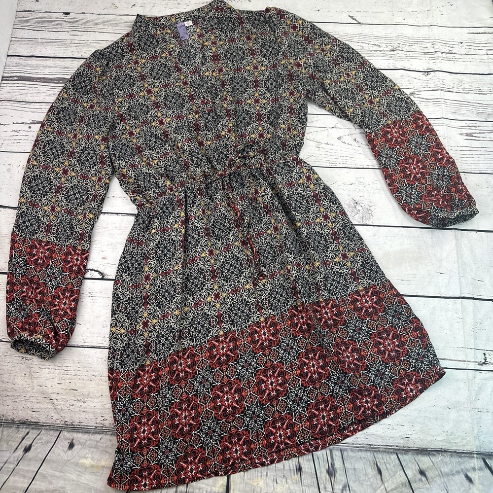 alya Womens Med Geometric Print Smocked Waist Midi Dress Black Red Yellow